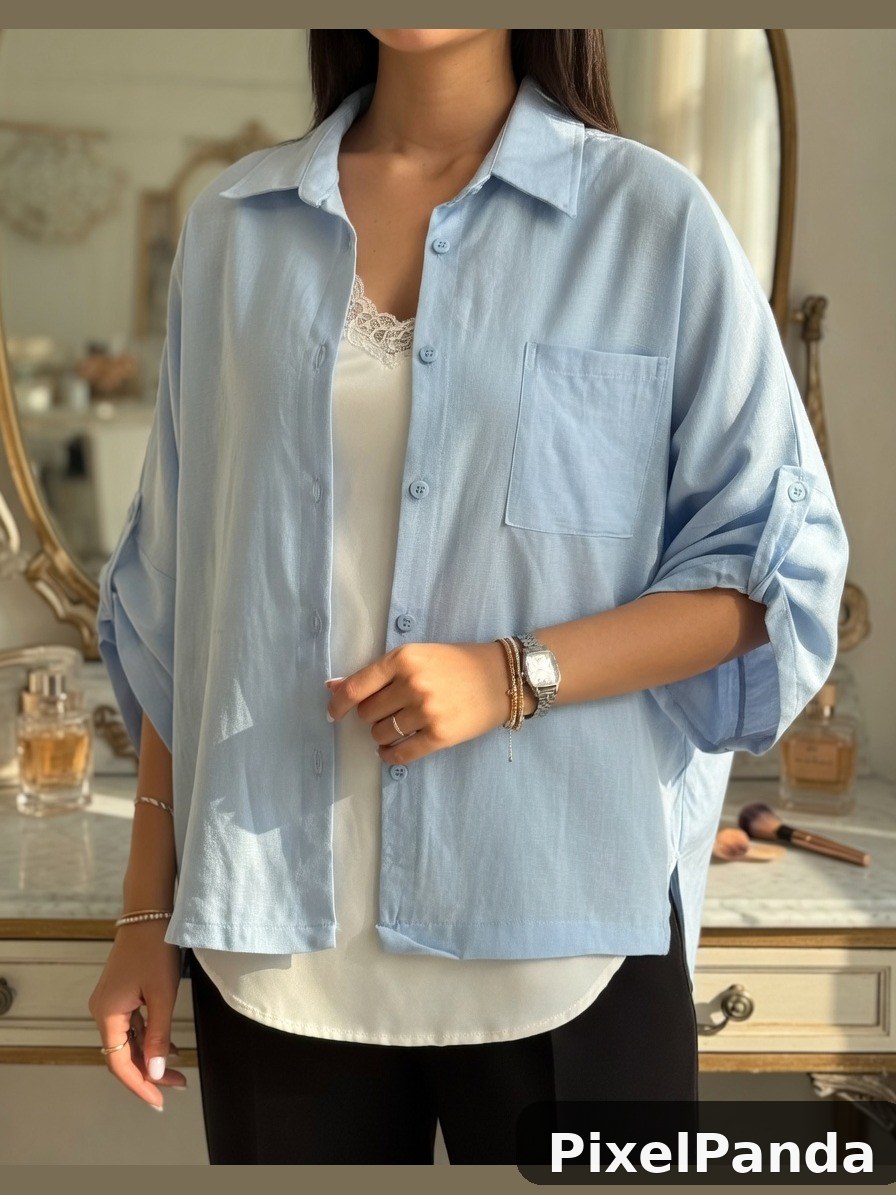 Woman in light blue button-up shirt over cream lace camisole