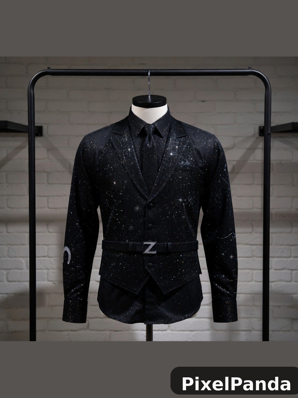 Black sequined blazer with white collar on dress form