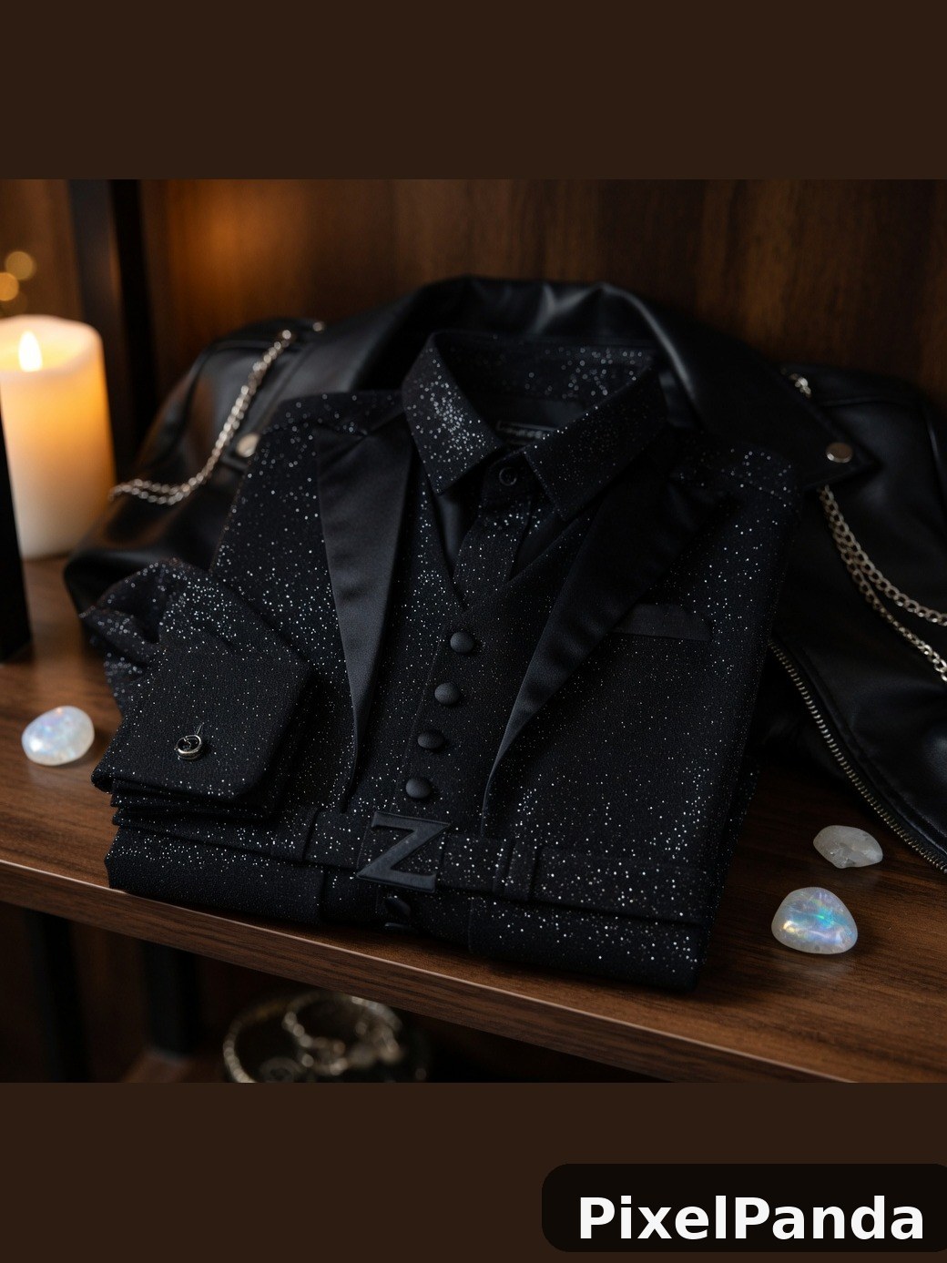 Black glitter jacket with chain strap on wooden table