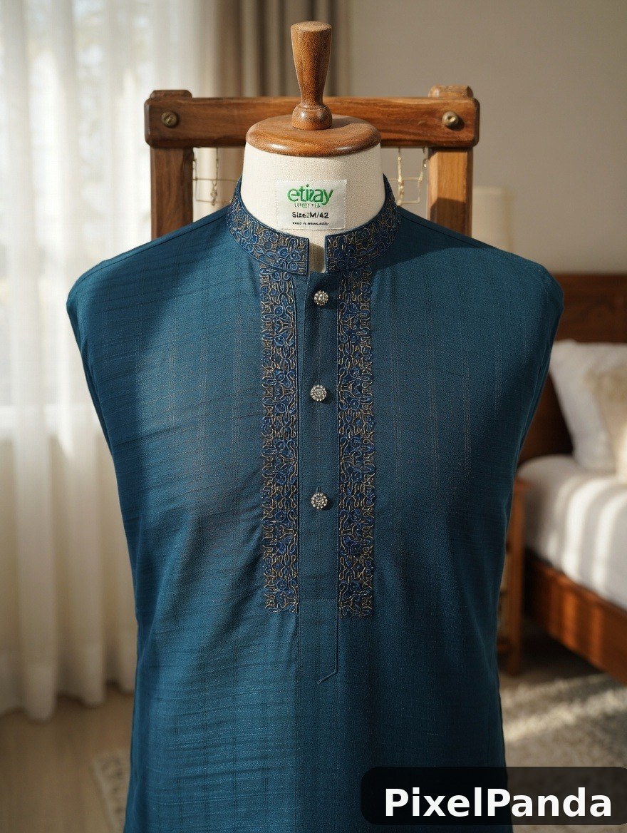 Teal sleeveless tunic with embroidered collar on wooden dress form