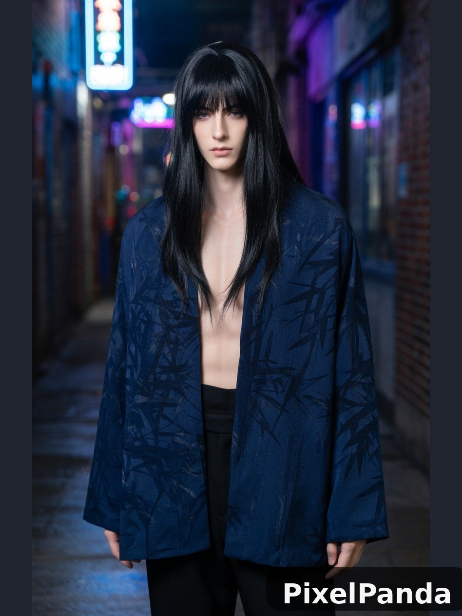 Person with black bangs in blue patterned blazer at night