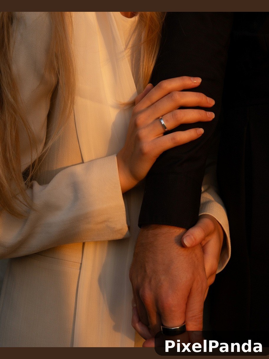 Couple displaying wedding bands in warm golden light