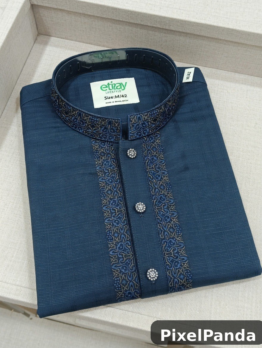 Navy blue tunic with embroidered trim and pearl buttons
