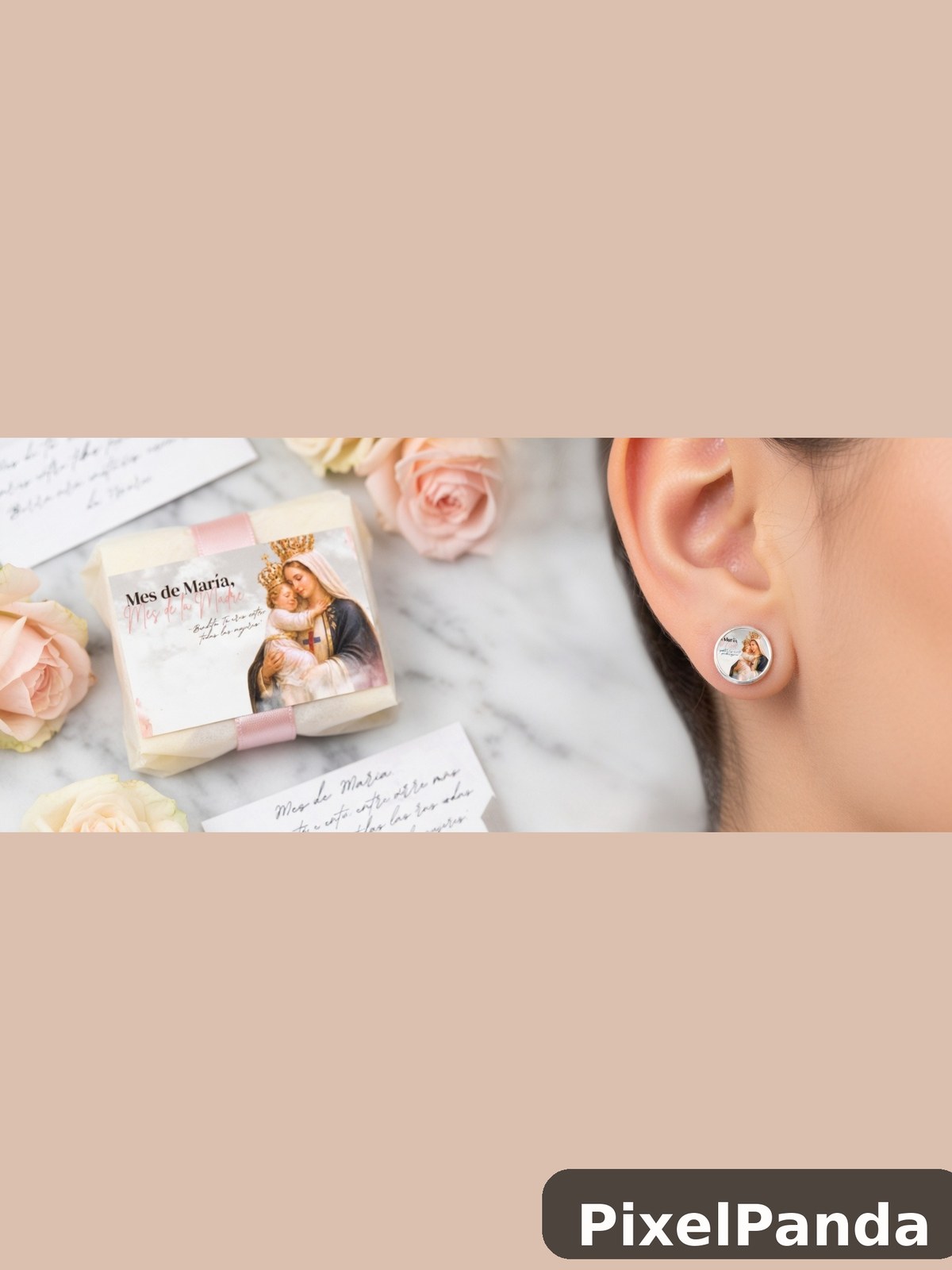 Person wearing round religious medallion stud earrings with roses