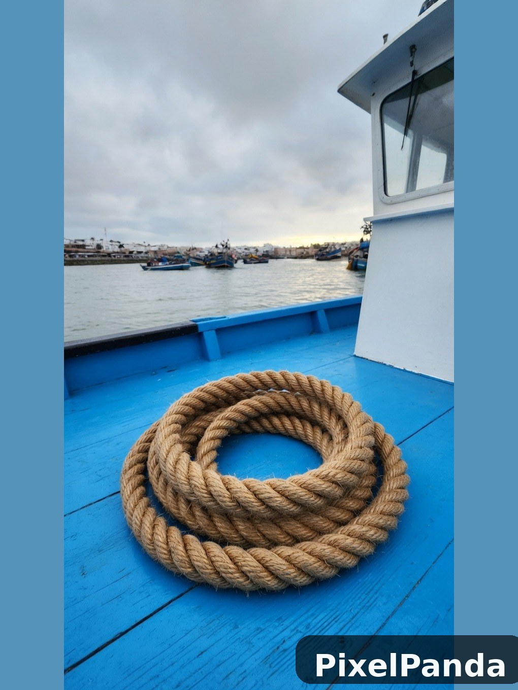Coiled rope on blue fishing boat deck with harbor view