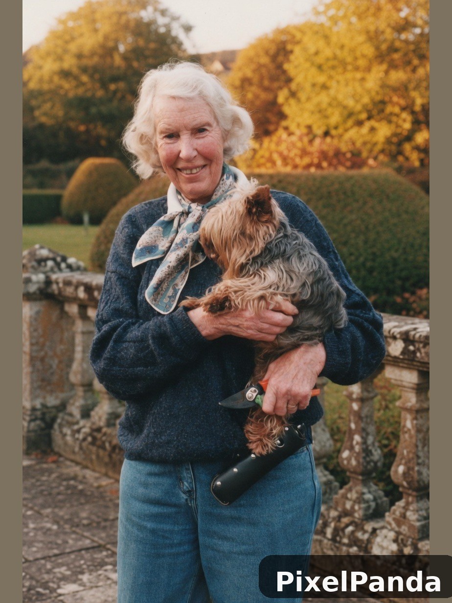 Woman holding brown terrier in autumn garden setting