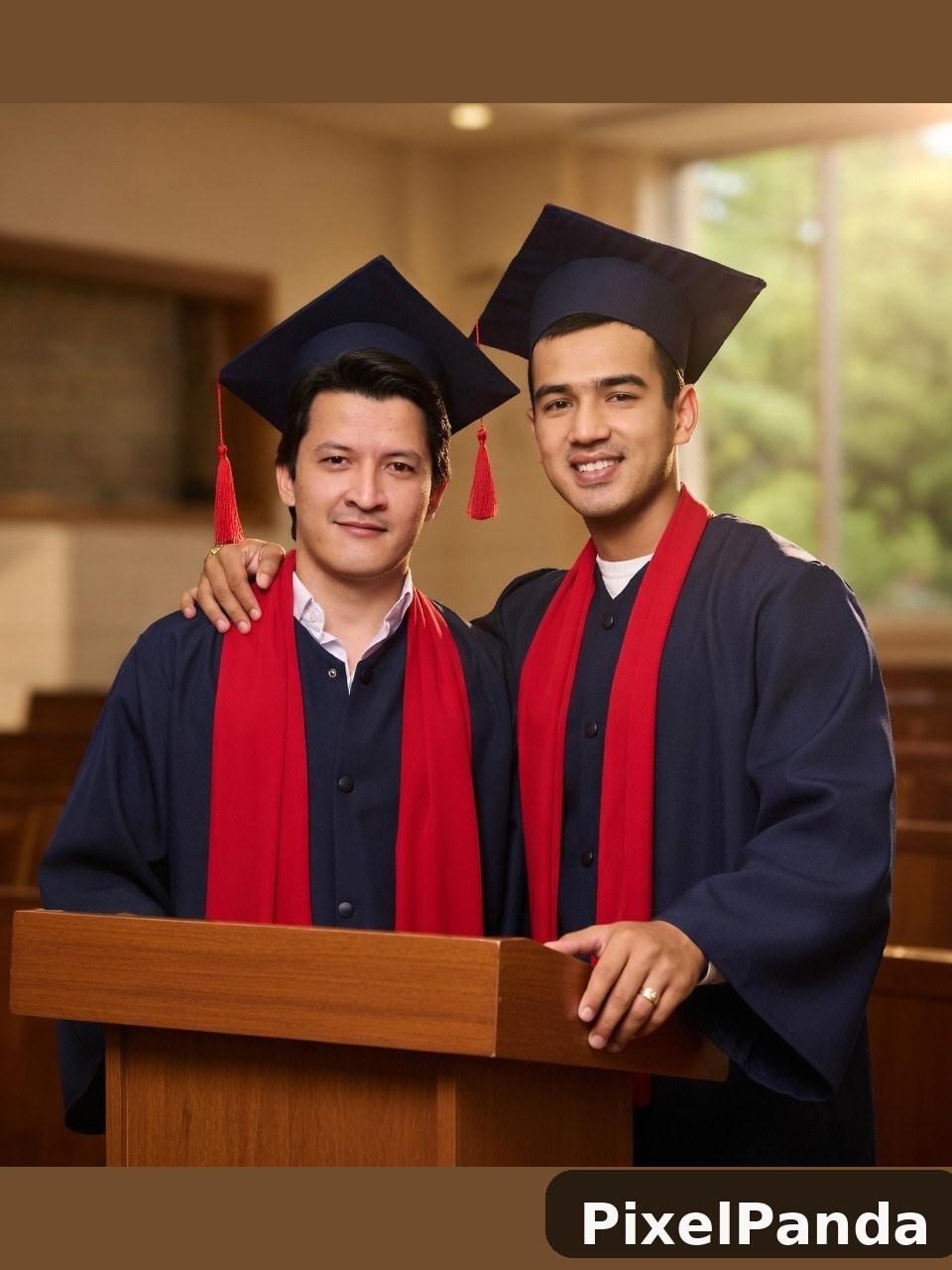 Two graduates in academic robes and red sashes at wooden podium