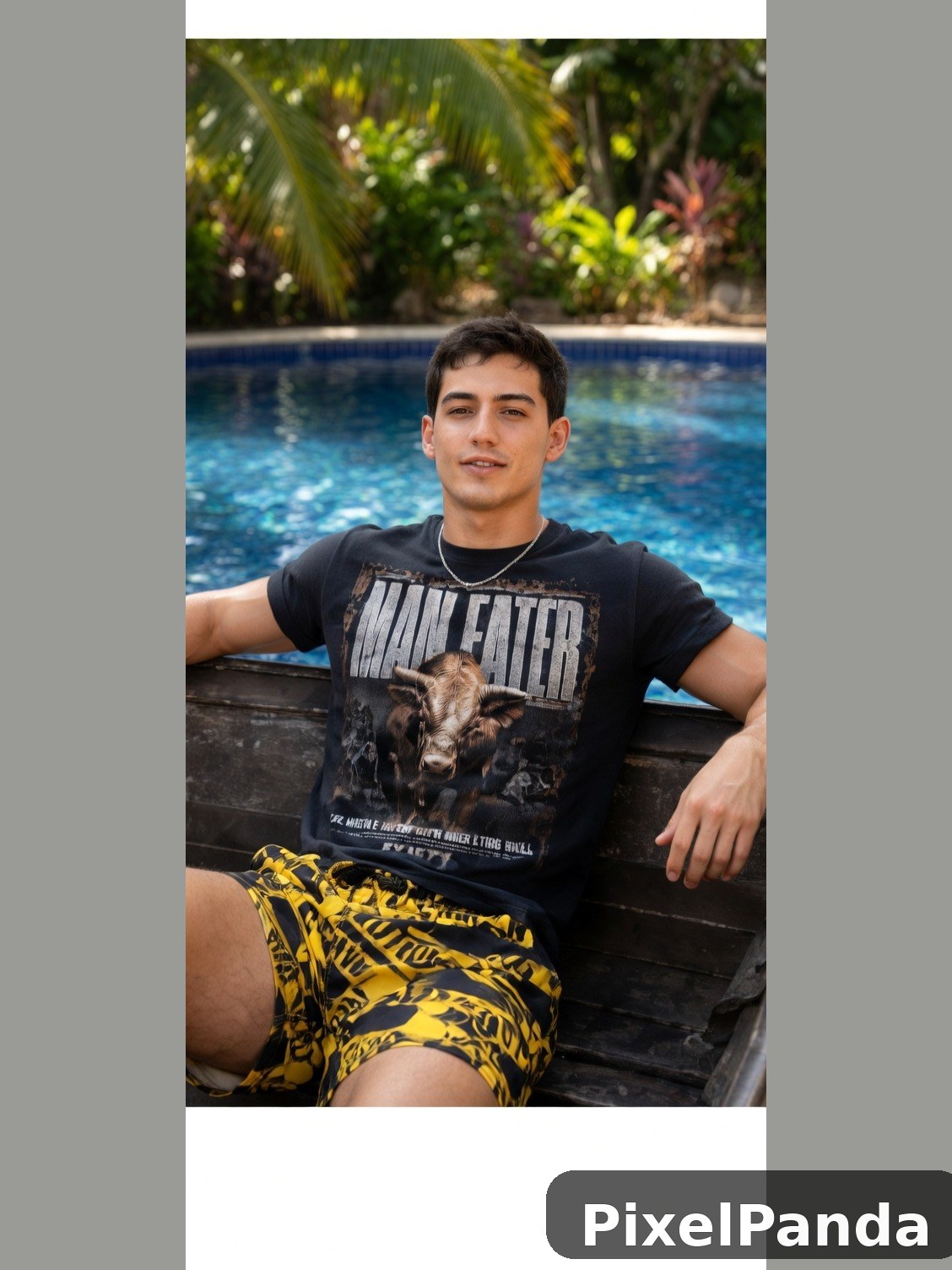 Young man in black graphic tee leaning against poolside rail