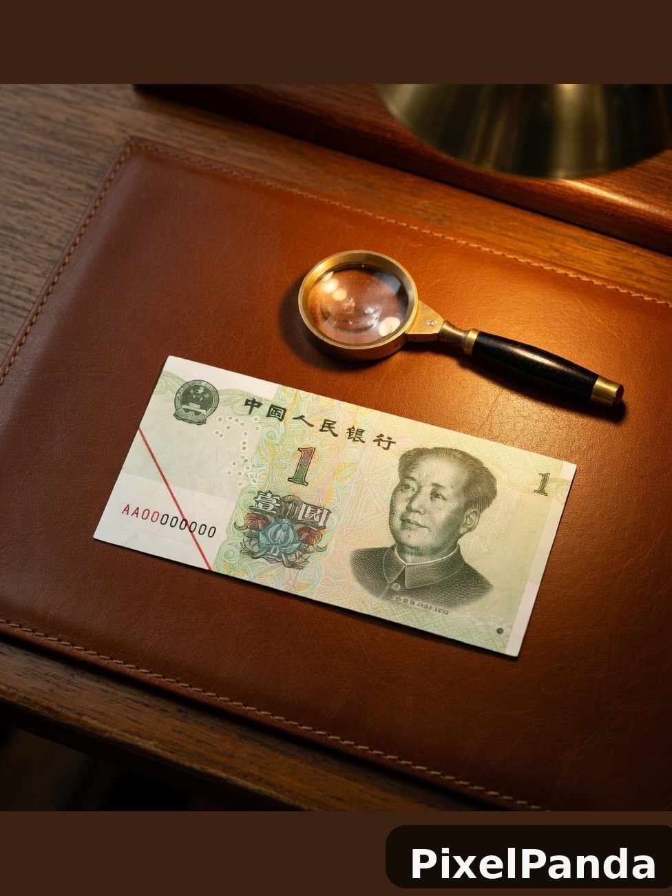 Chinese yuan banknote with magnifying glass on leather surface