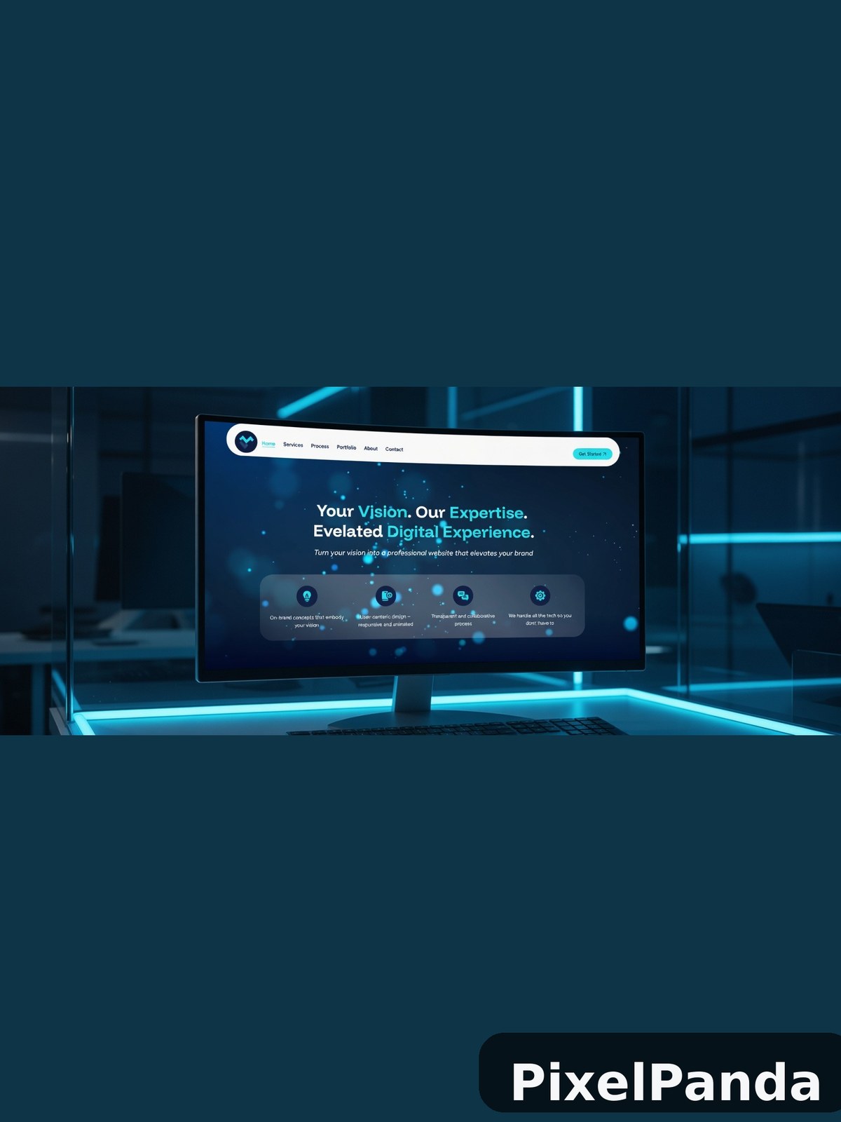 Desktop monitor displaying digital agency website with cyan neon lighting
