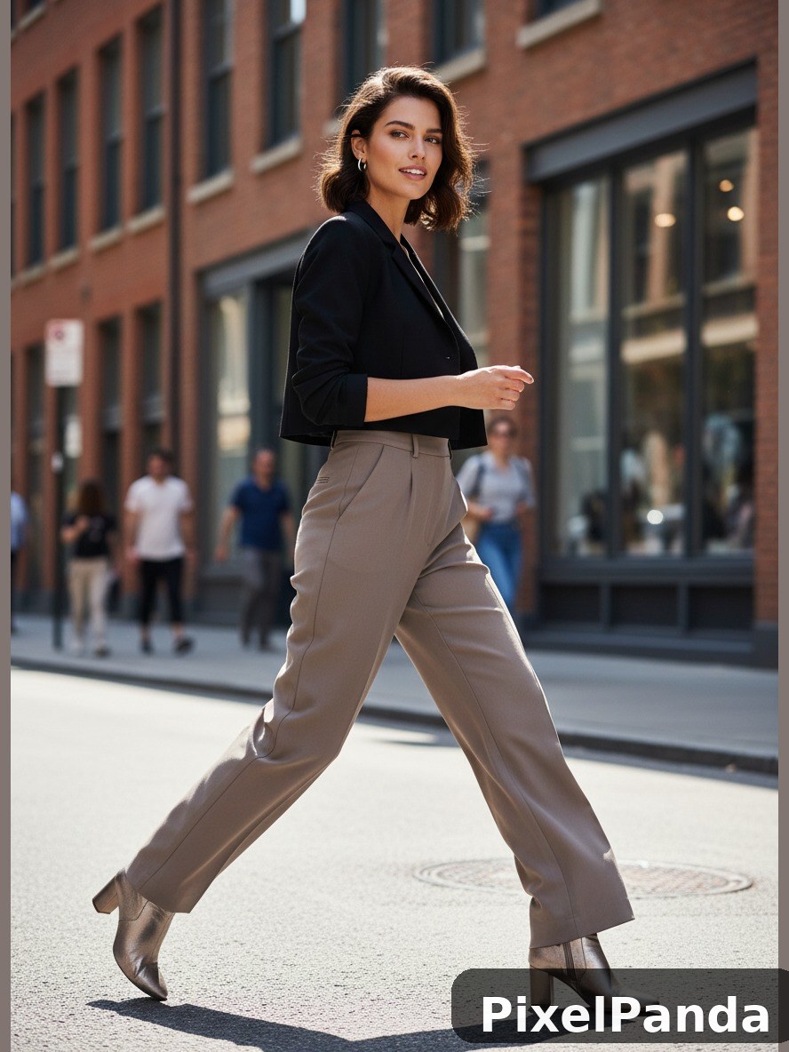 Woman in black blazer and beige trousers on urban street