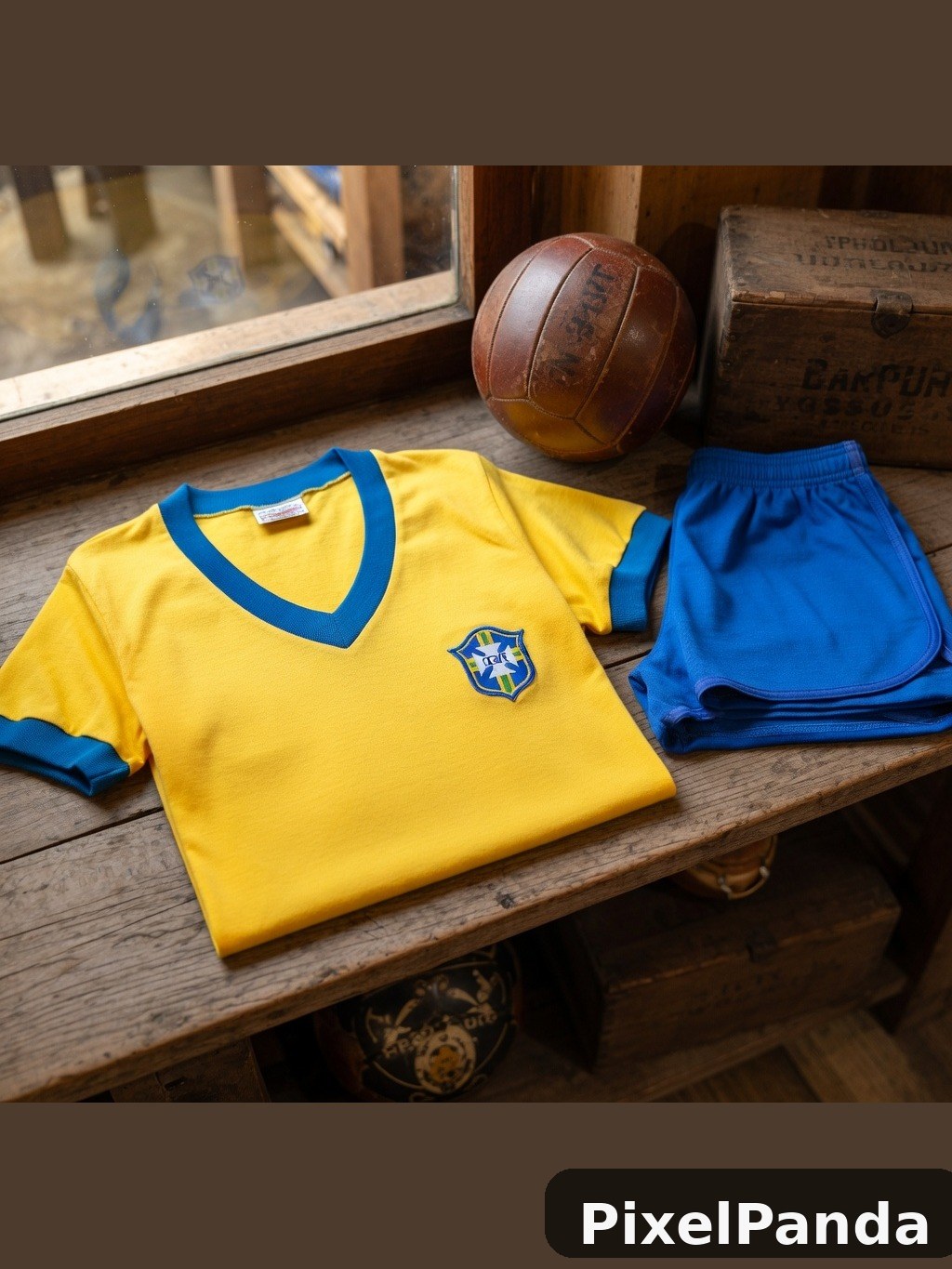 Yellow and blue vintage sports jersey with matching shorts on wooden surface