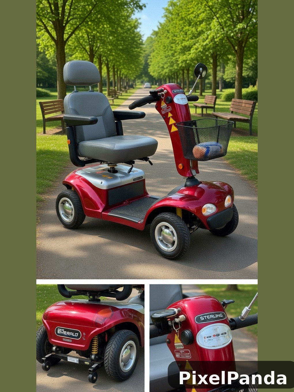 Red mobility scooter with gray seat on tree-lined park path