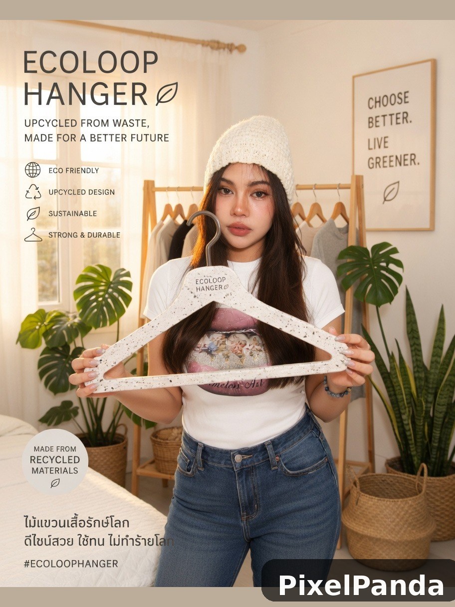Person holding white speckled recycled clothing hanger in bedroom