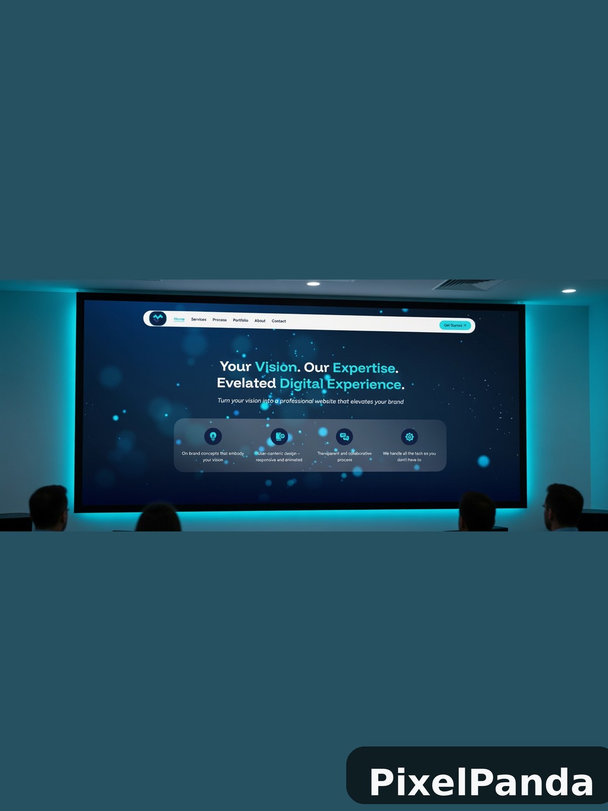 Digital agency website displayed on large conference room screen