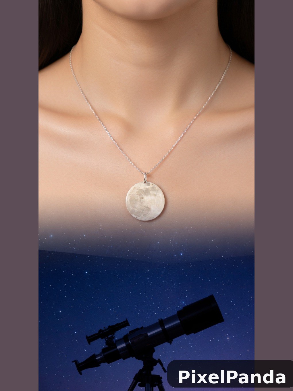 Person wearing full moon pendant necklace over starry night sky