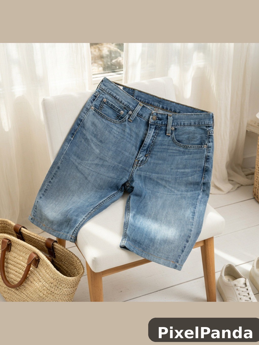 Medium wash denim shorts draped on white chair