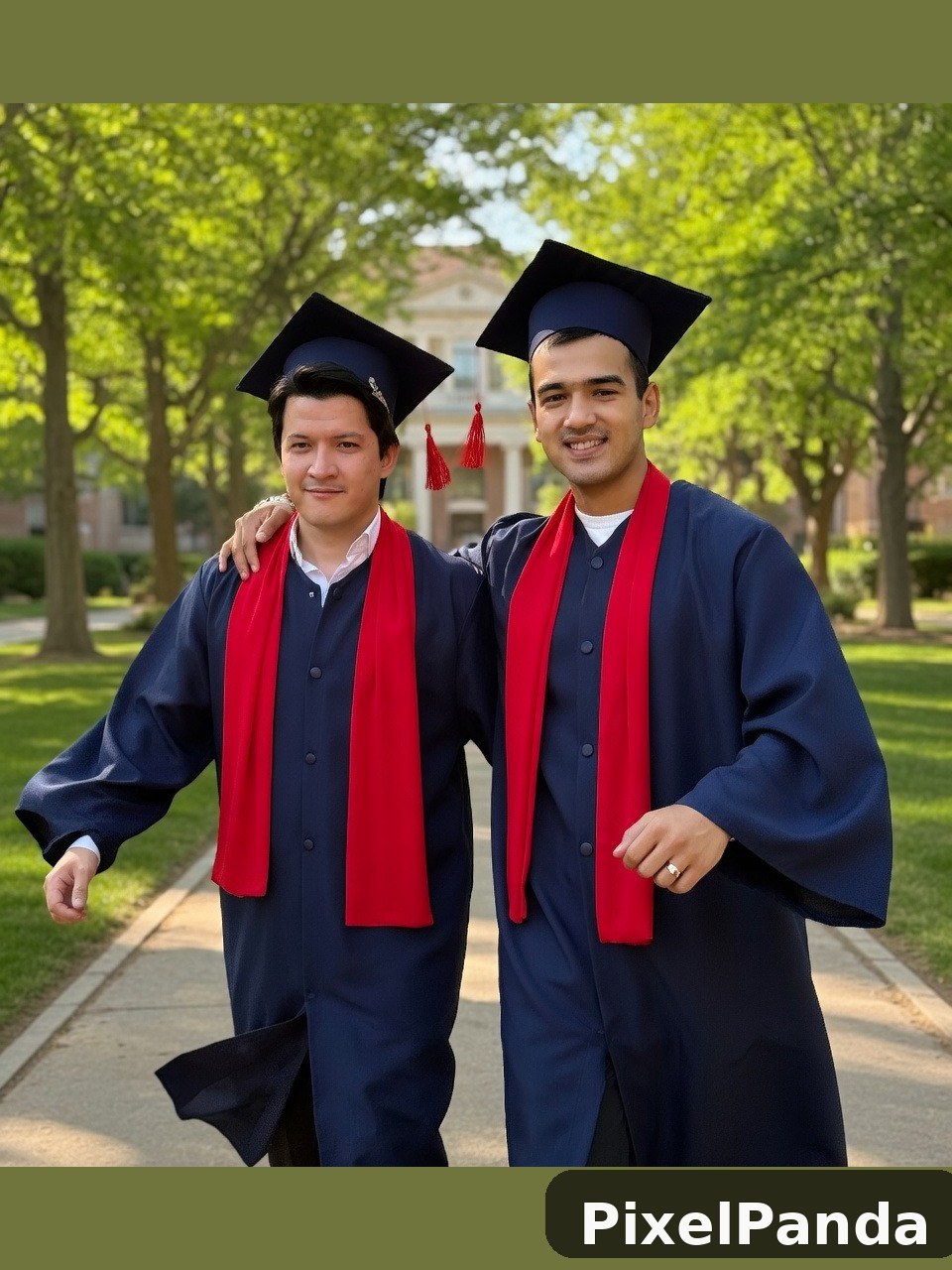 Two graduates in navy robes with red sashes on tree-lined campus path