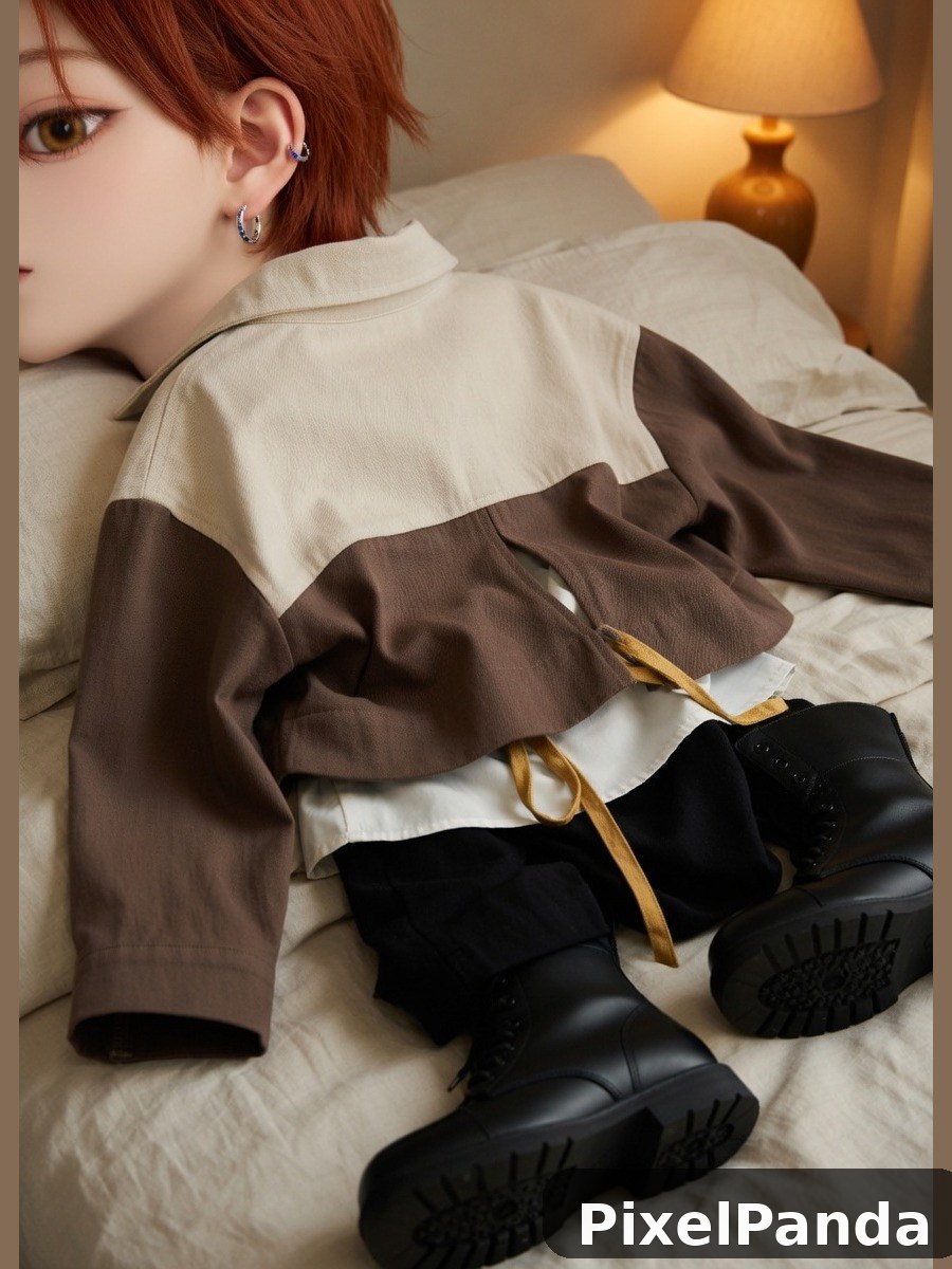 Person with reddish hair in color-blocked jacket on bed