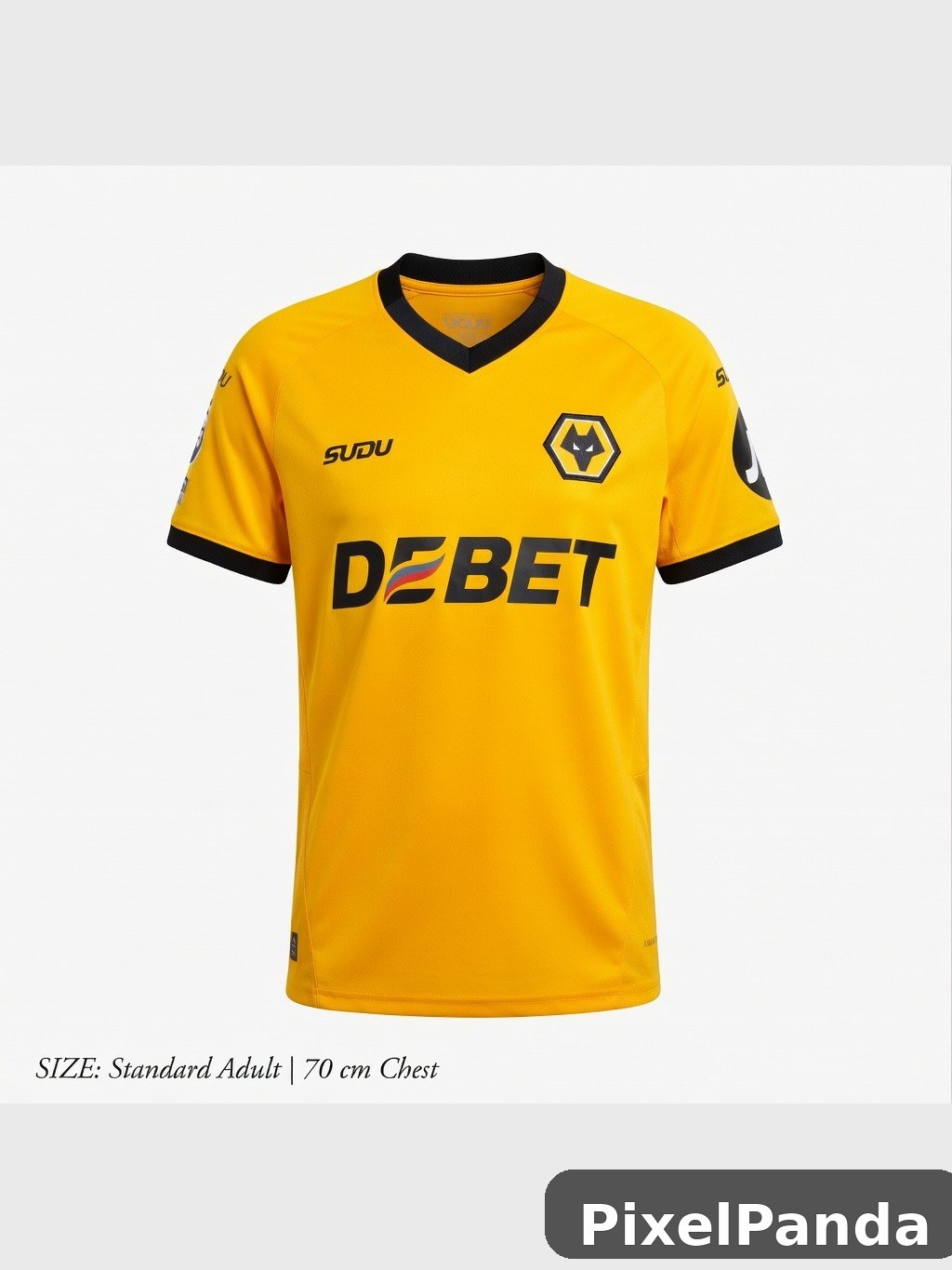 Yellow and black sports jersey with wolf crest and sponsor logos