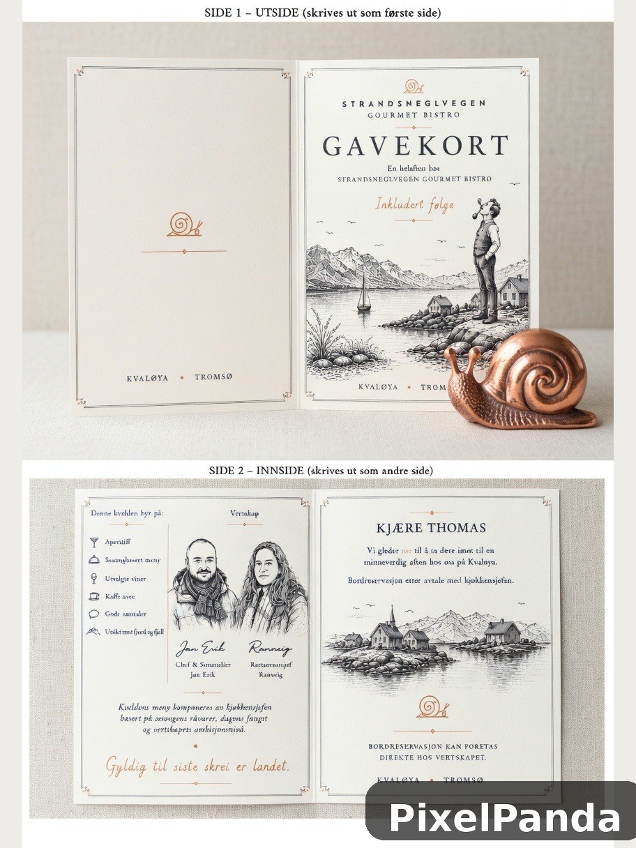 Scandinavian restaurant menu with copper snail sculpture and landscape illustrations