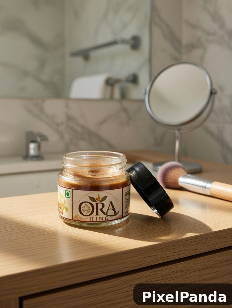 Open jar of golden brown face mask on bathroom vanity