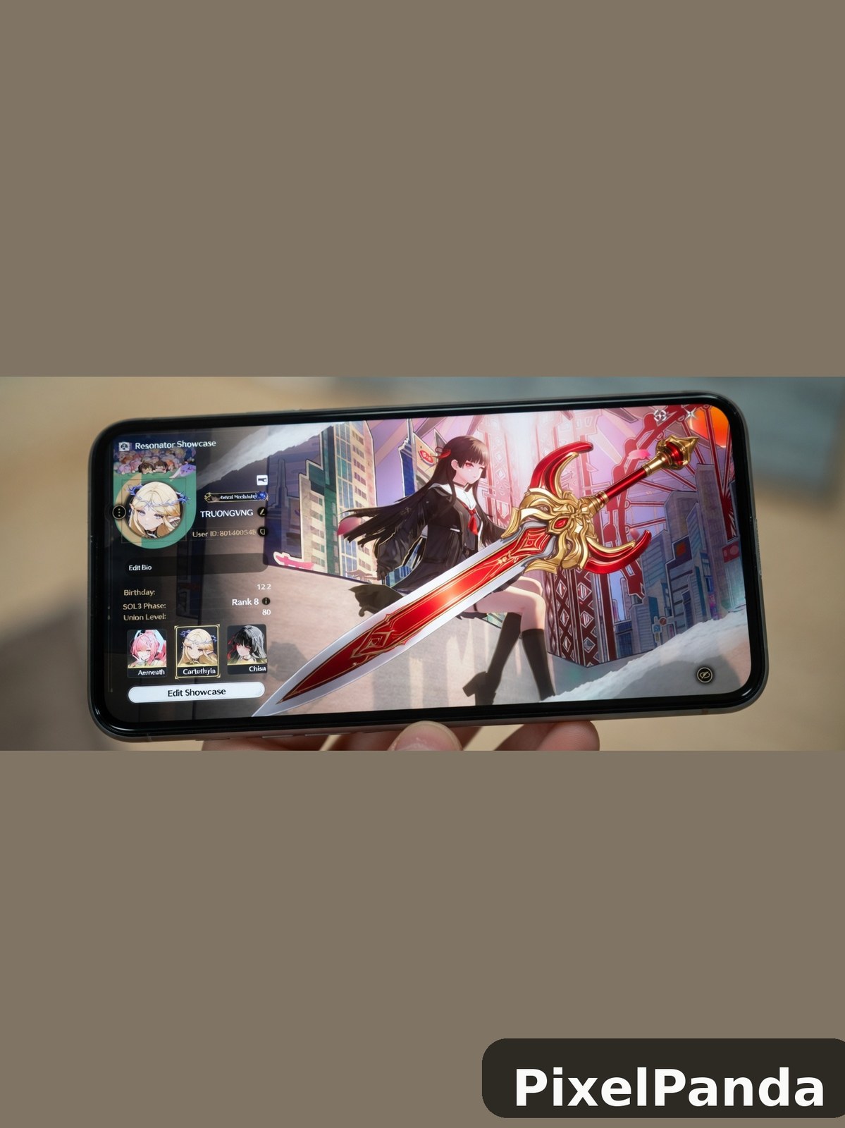 Smartphone displaying anime game character with red weapon