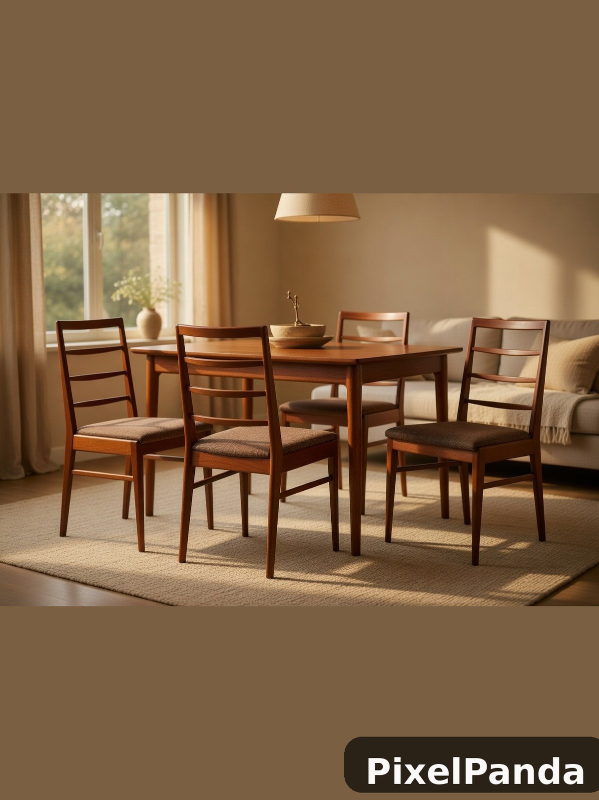 Mid-century wooden dining table with four ladder-back chairs