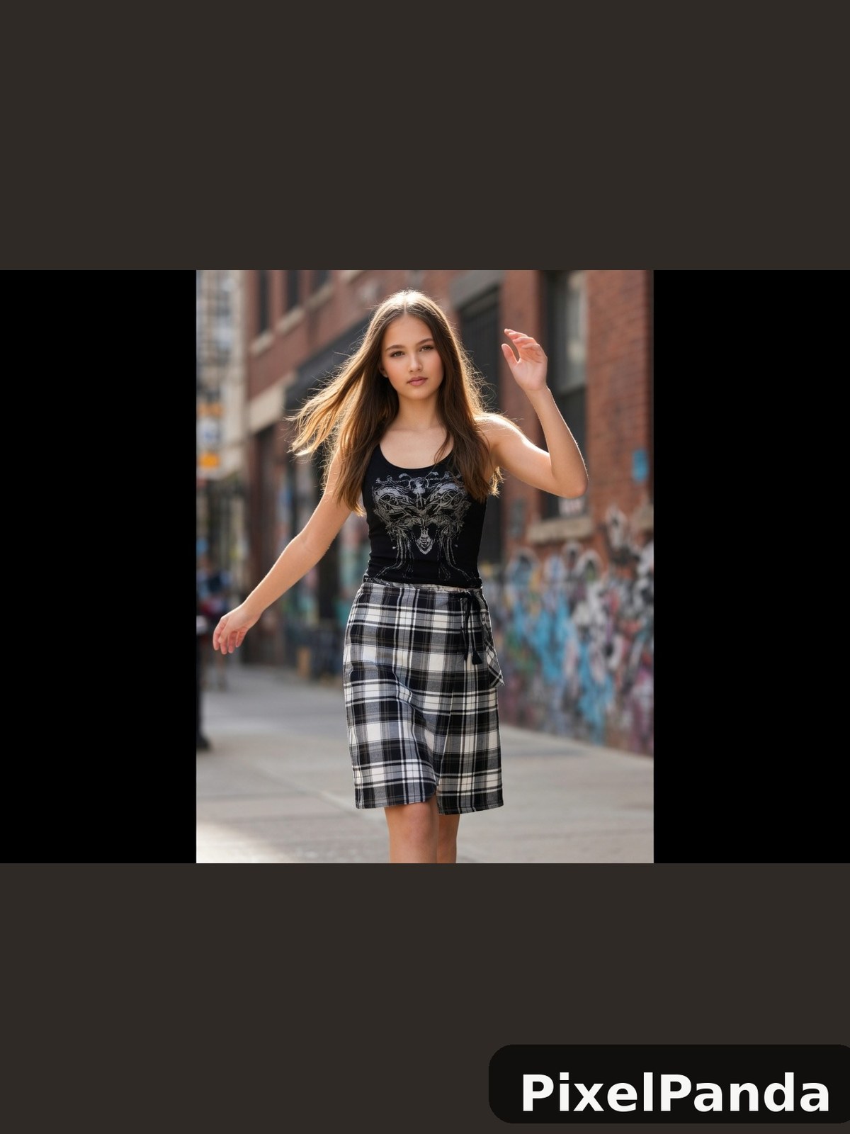 Woman in black graphic tank and plaid skirt on urban street
