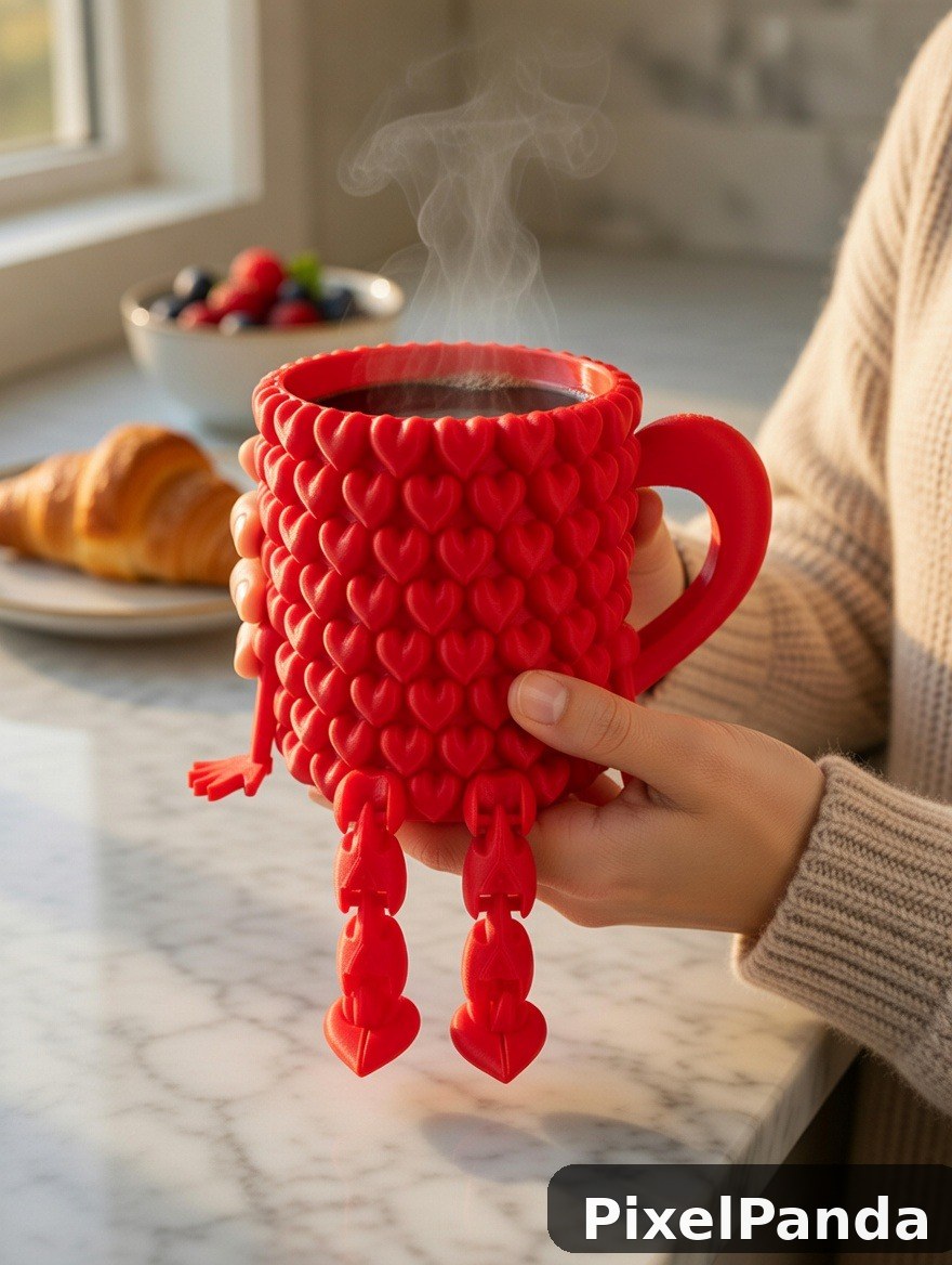 Hand holding red heart-textured mug with steaming beverage