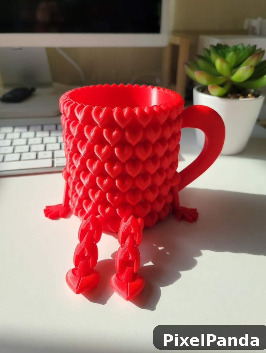Red heart-textured mug with stumpy legs on desk
