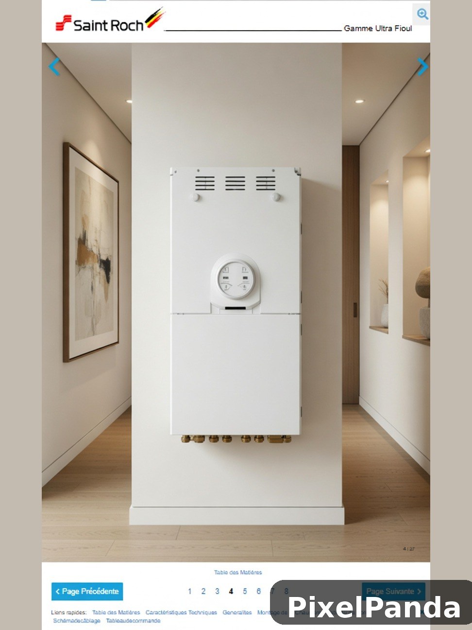 White wall-mounted boiler with thermostat in minimalist hallway