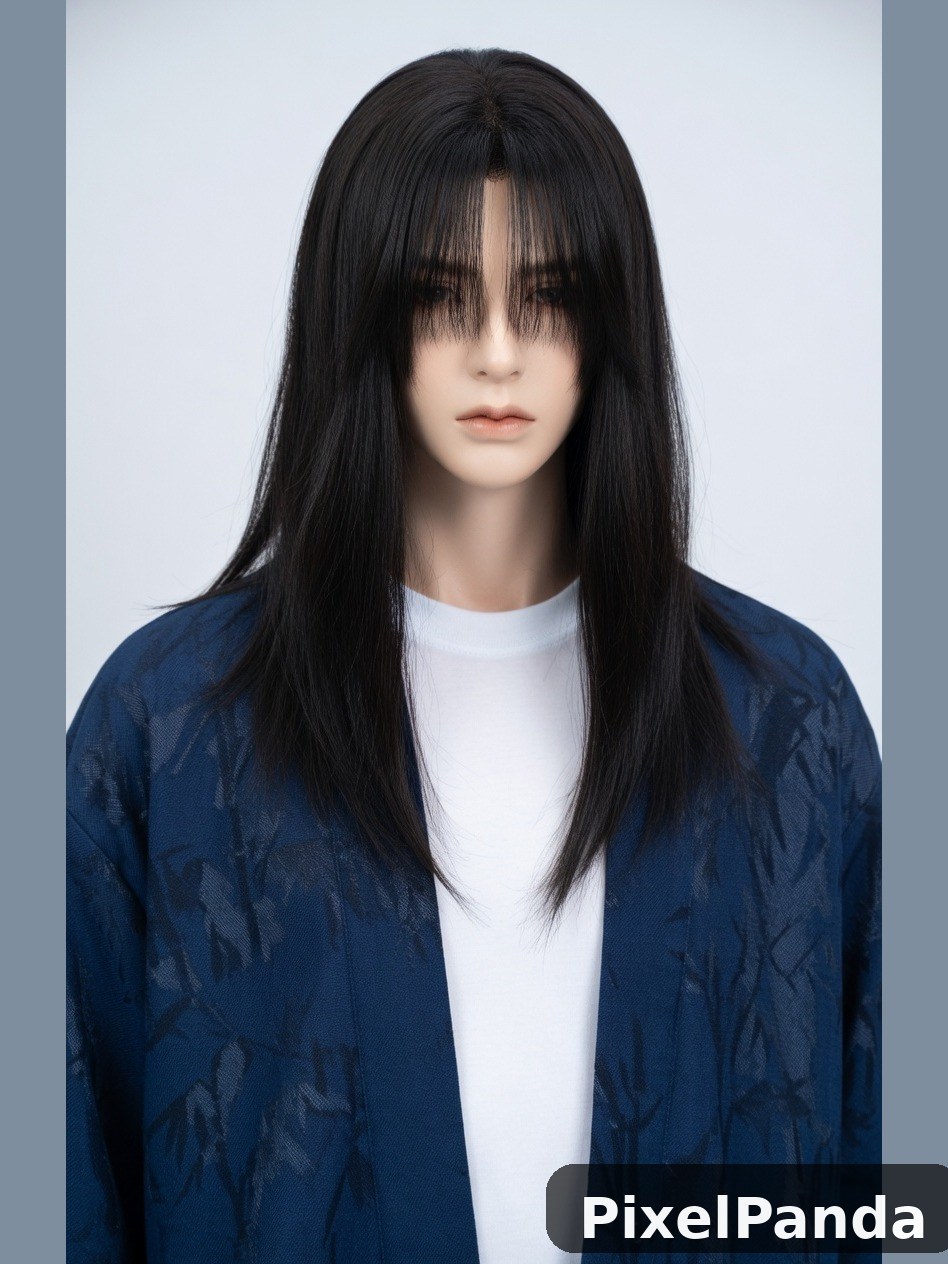 Person with long black hair and blunt bangs wearing navy jacket
