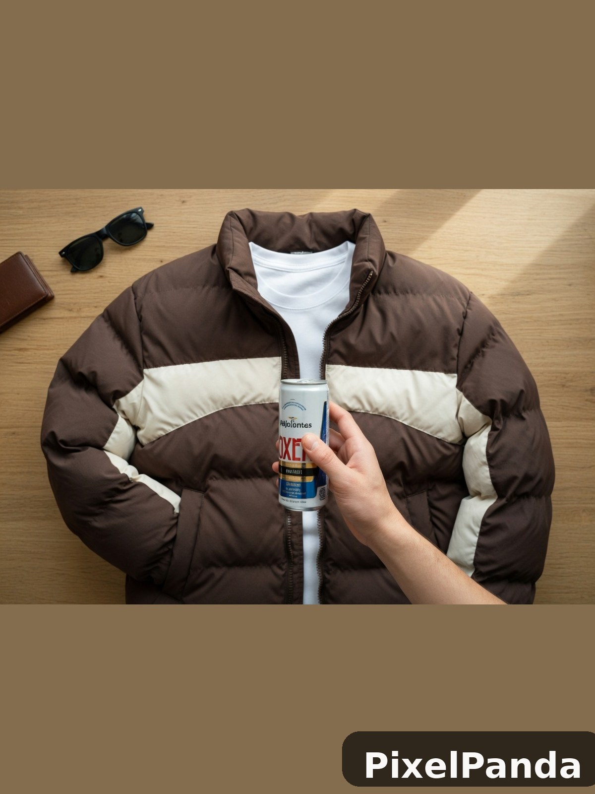 Brown and cream puffer jacket displayed flat with spray can