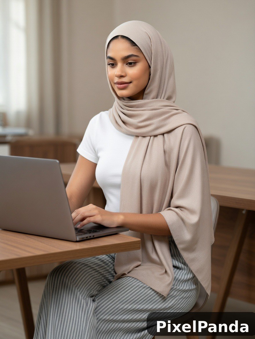 Woman in beige hijab working at laptop at wooden desk