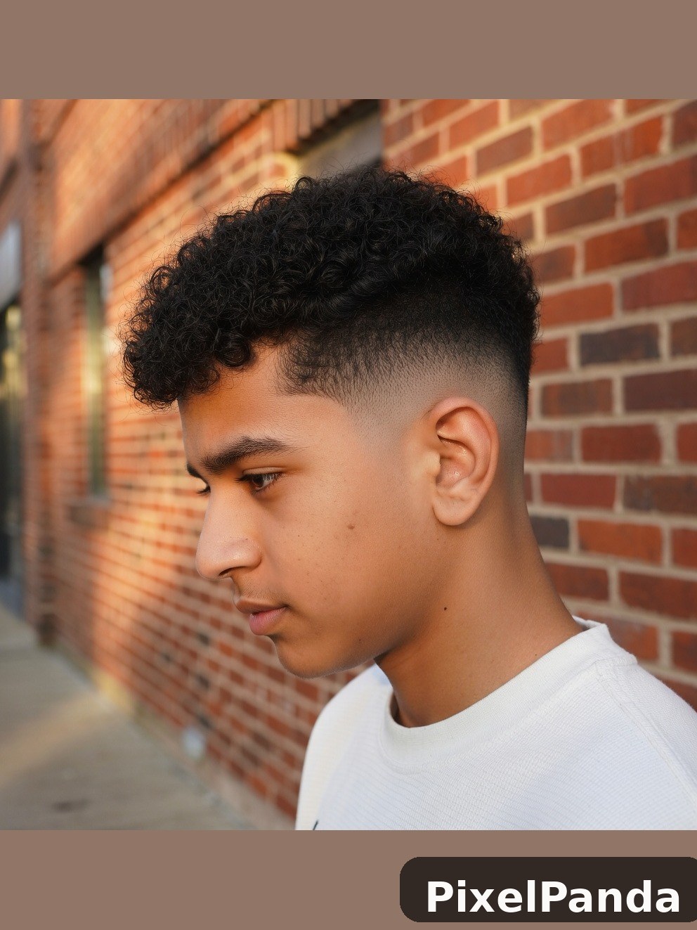 Person with curly undercut hairstyle against brick wall