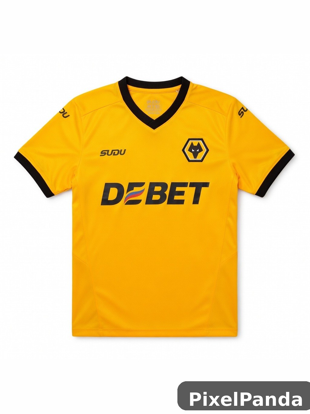 Yellow soccer jersey with black trim and wolf crest logo