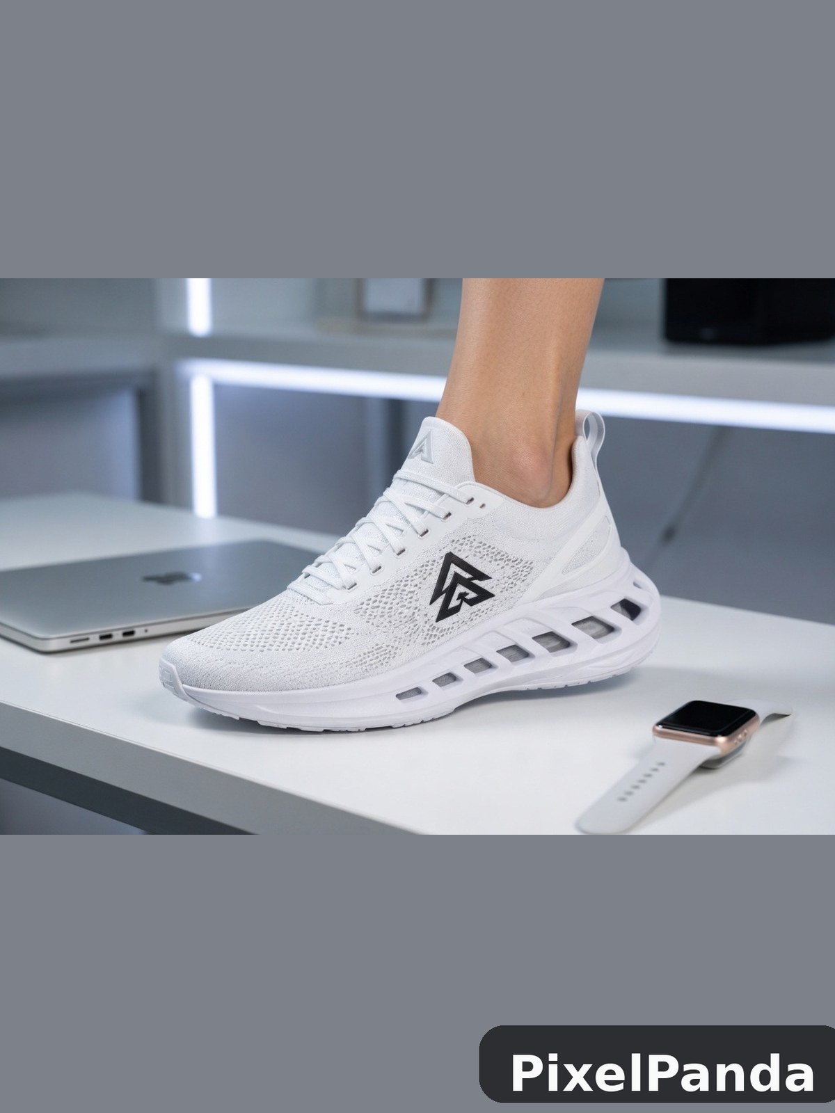 White mesh athletic sneaker with dark triangle logo on desk