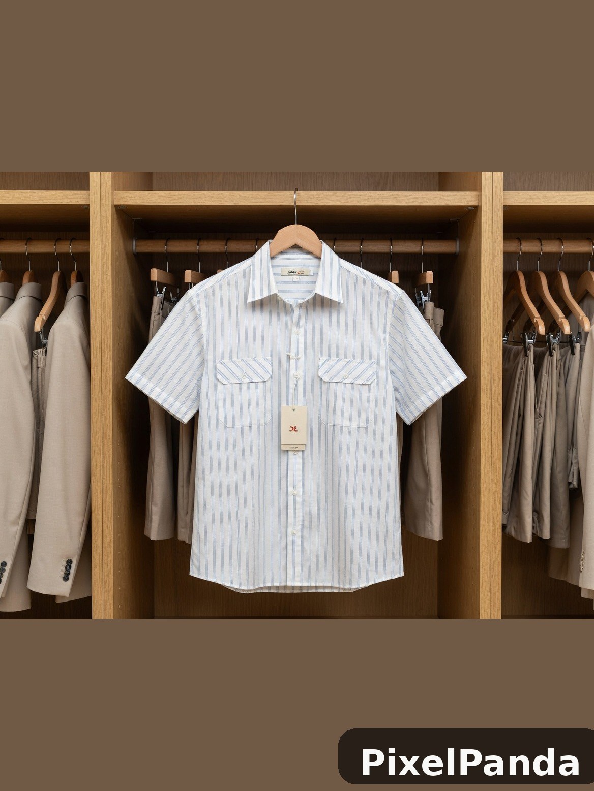 Light blue striped short-sleeve shirt on wooden closet hanger
