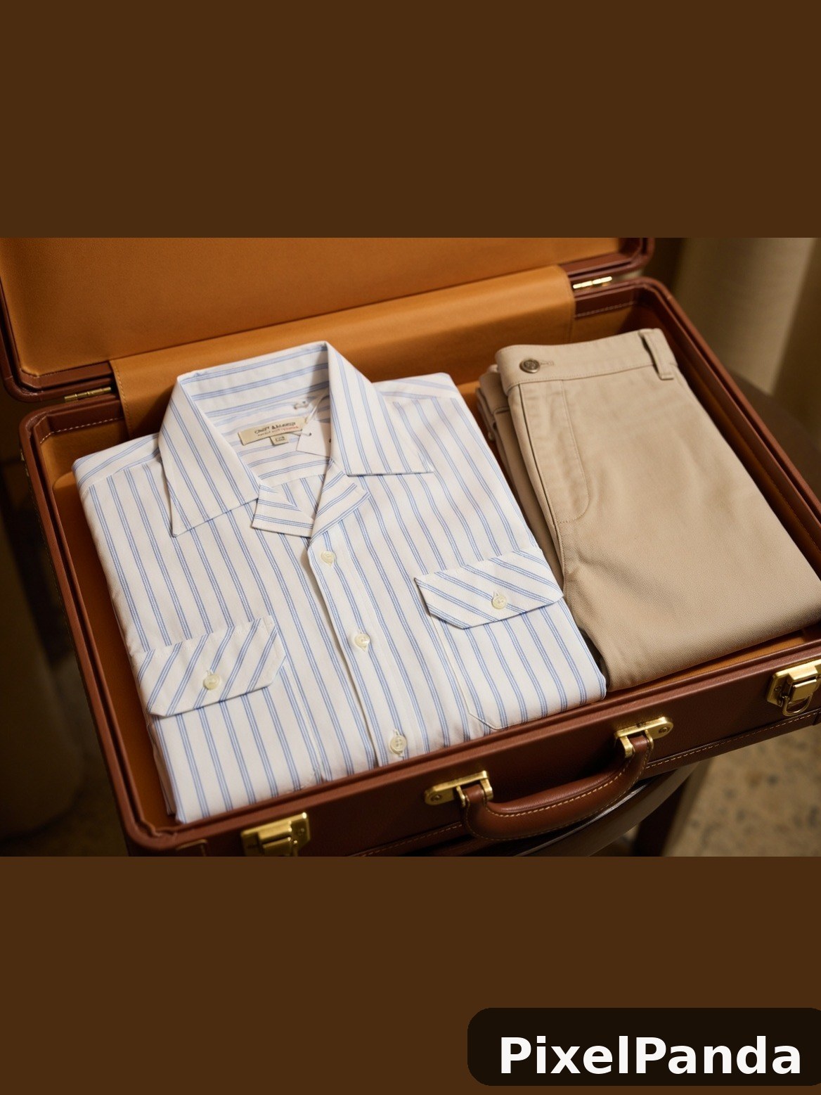 Open leather suitcase with folded striped shirt and cream trousers