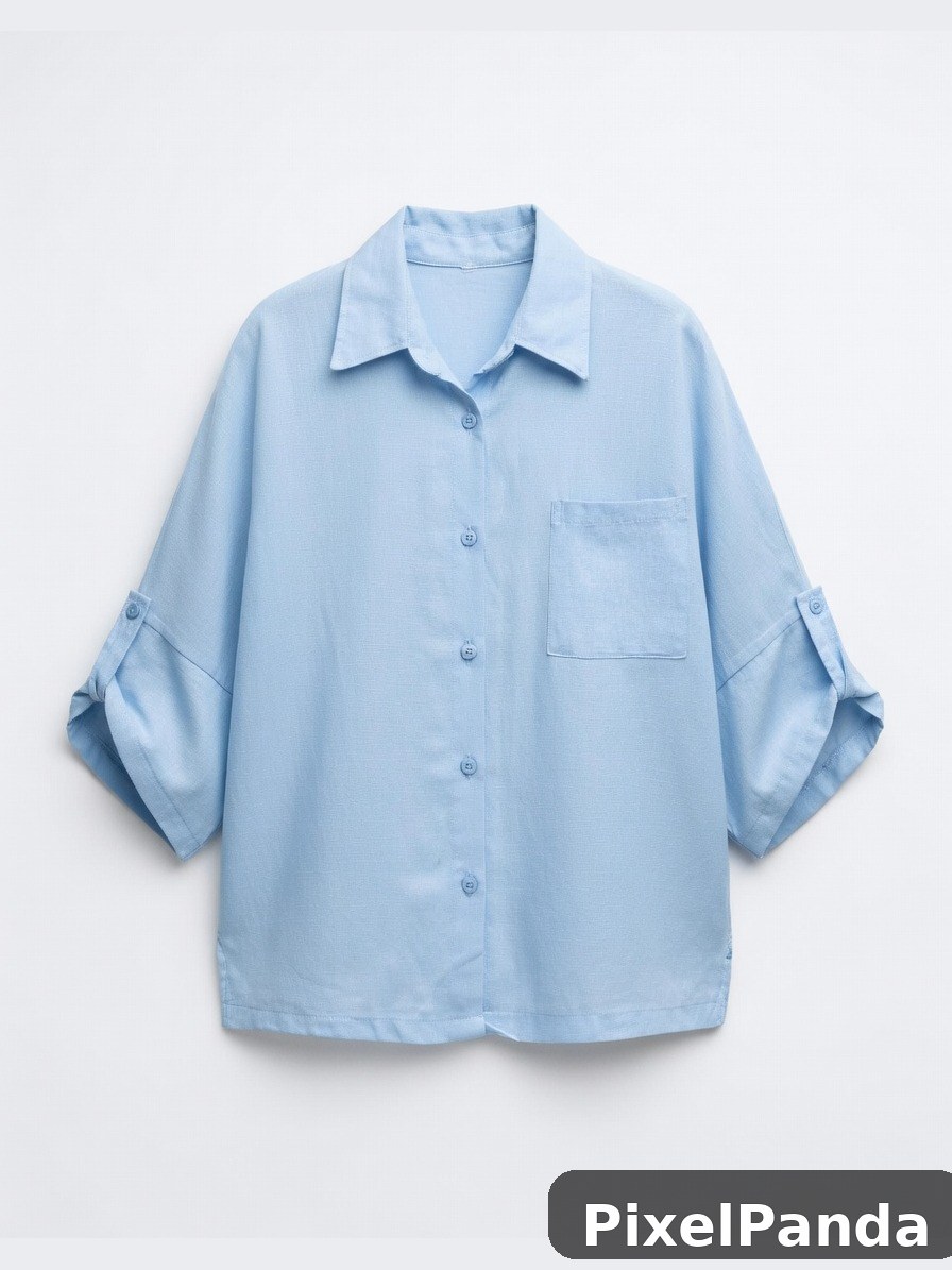 Light blue button-up shirt with rolled sleeves and chest pocket