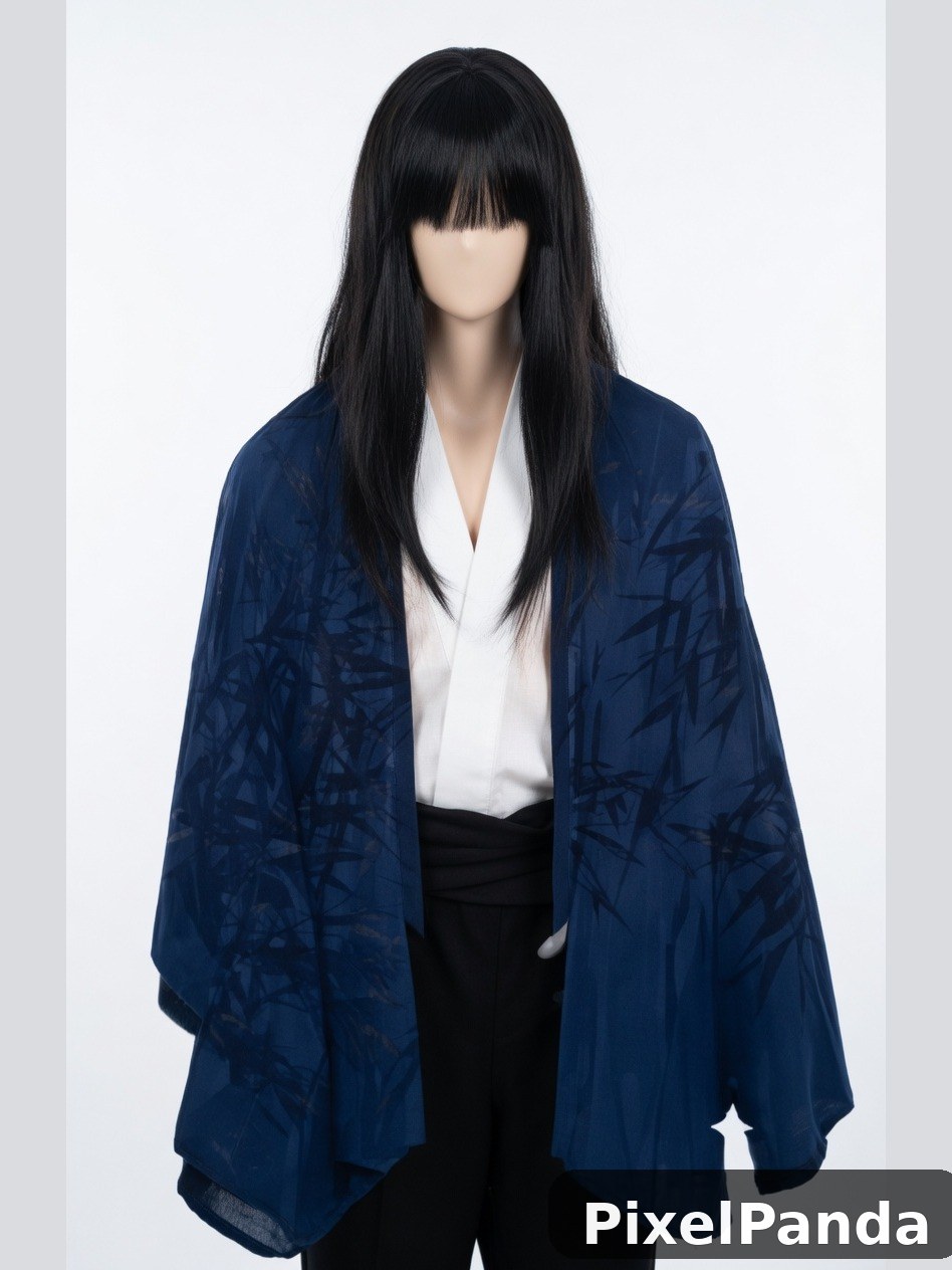 Woman with long black bangs wearing navy patterned kimono