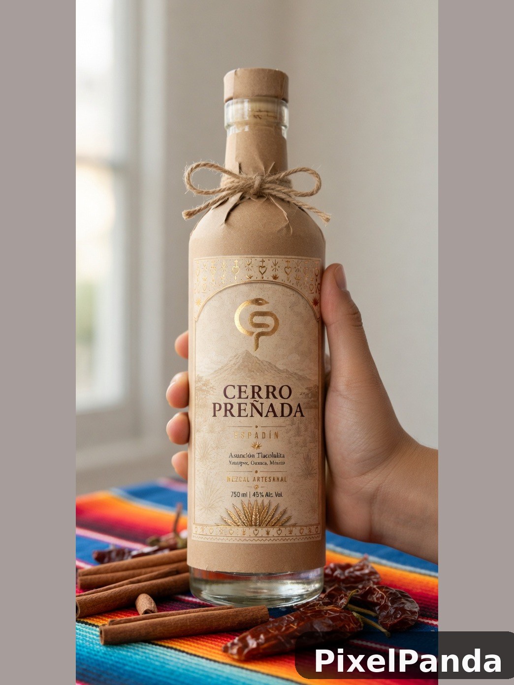 Hand holding Cerro Prenada mezcal bottle with natural twine bow