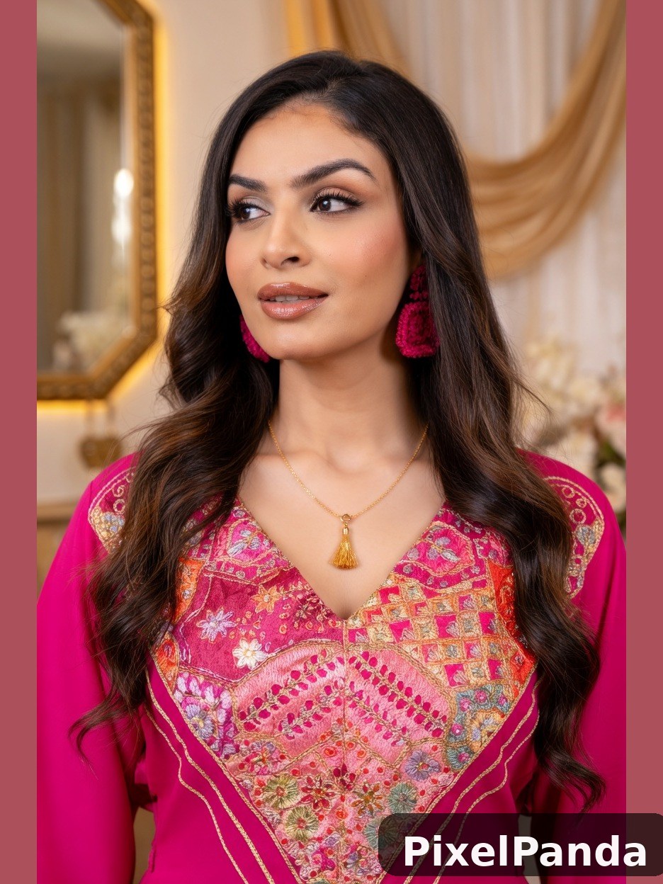 Woman in magenta embroidered tunic with gold pendant necklace
