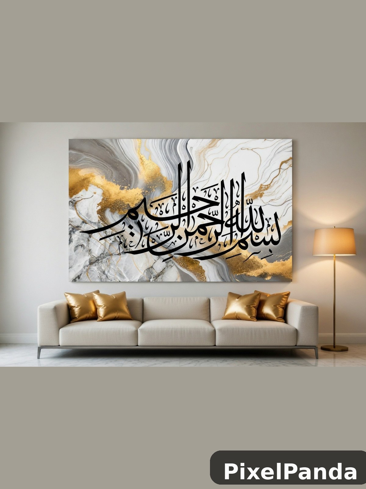 Arabic calligraphy on marble and gold abstract canvas above cream sofa