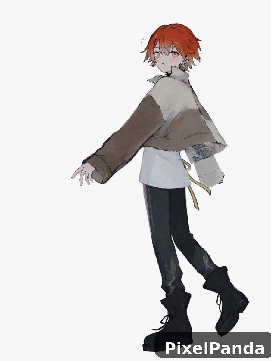 Person with short red hair wearing brown jacket and black boots