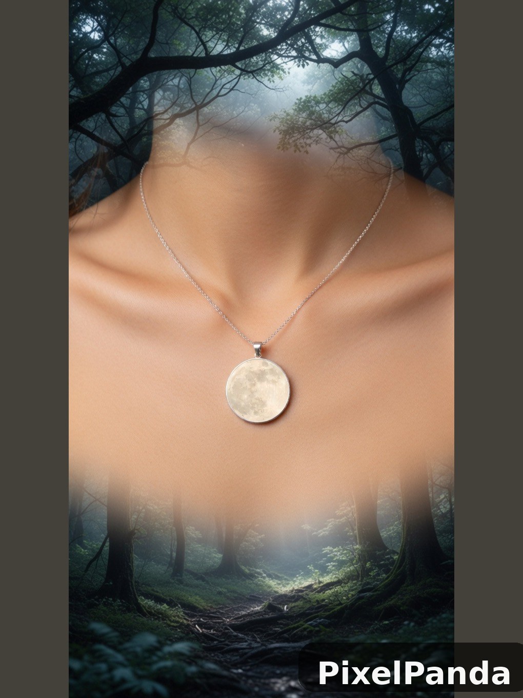 Person wearing silver moon pendant necklace with forest overlay