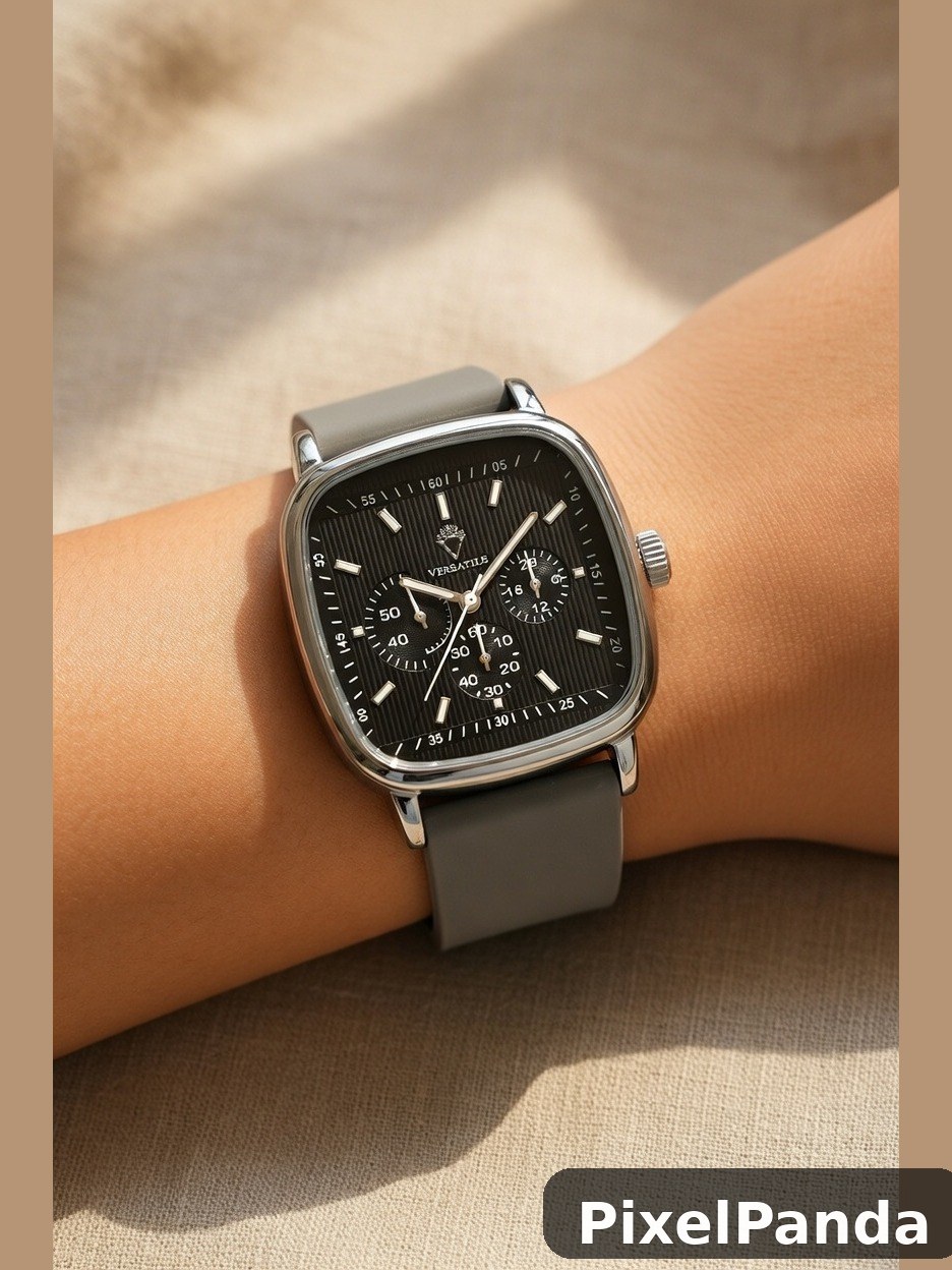 Square chronograph watch with black dial on gray rubber strap