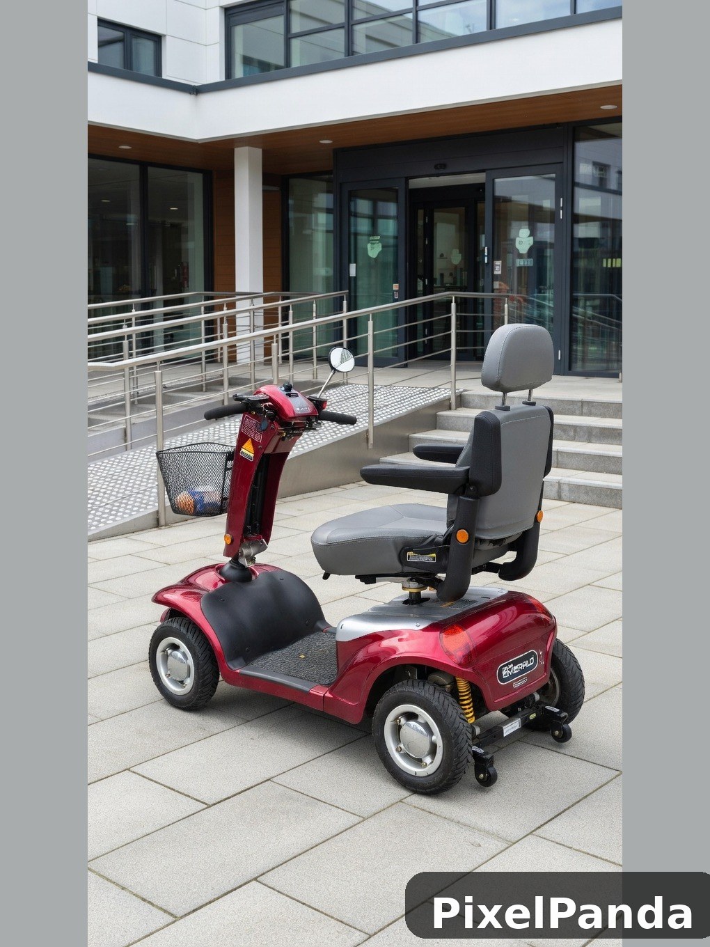 Two red mobility scooters parked on modern patio