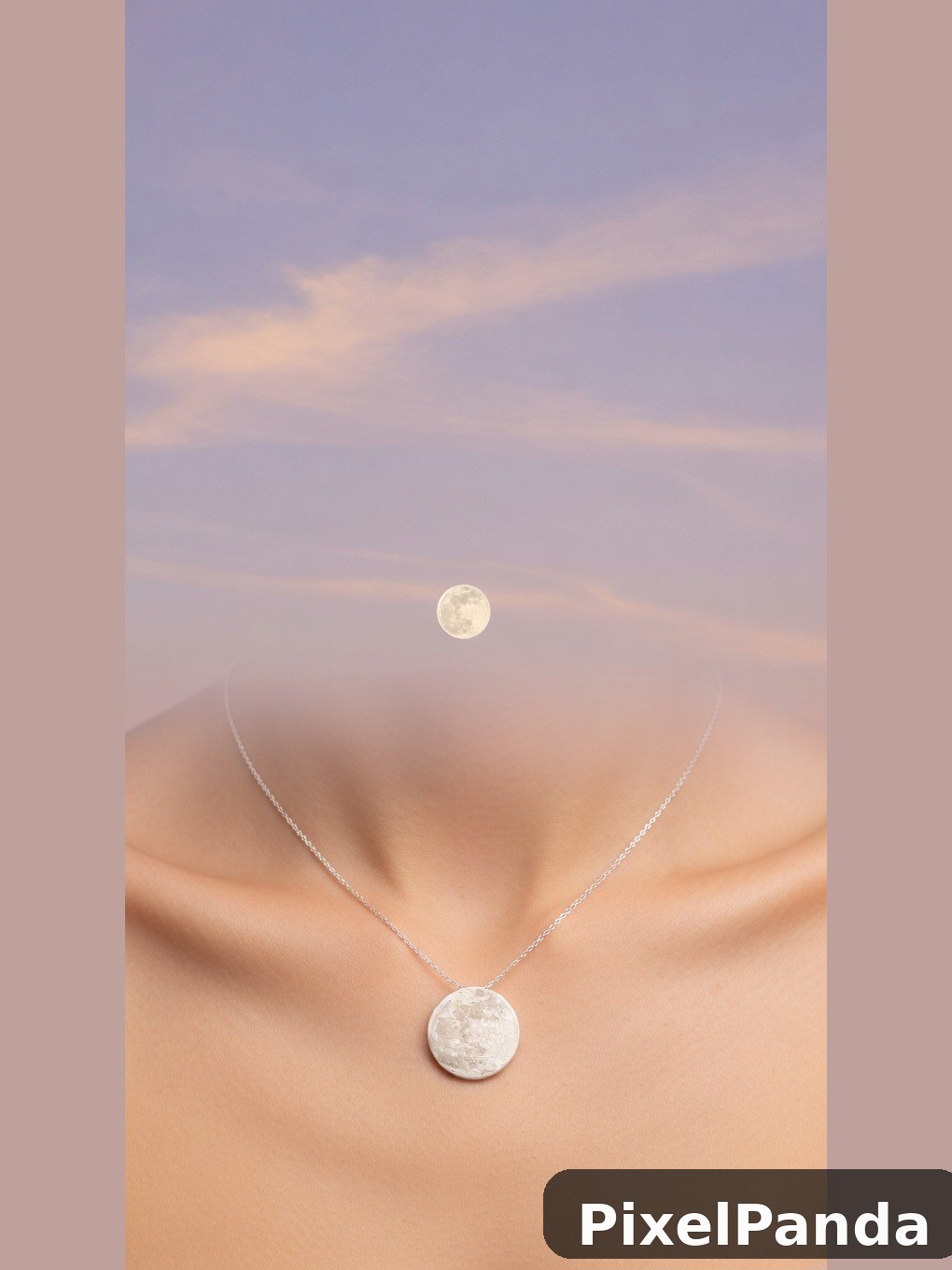 Silver moon pendant necklace on bare skin against twilight sky